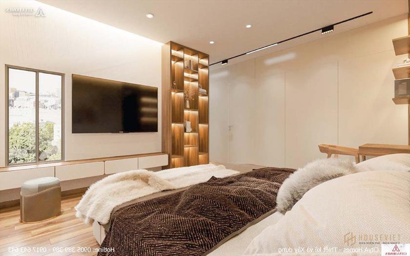 Tủ quần áo được bố trí âm tường giúp không gian phòng ngủ trở nên rộng và thoáng hơn bao giờ hết