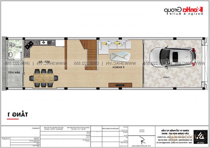 Mặt bằng công năng tầng 1 nhà ống pháp 4 tầng diện tích 5,2x20m 