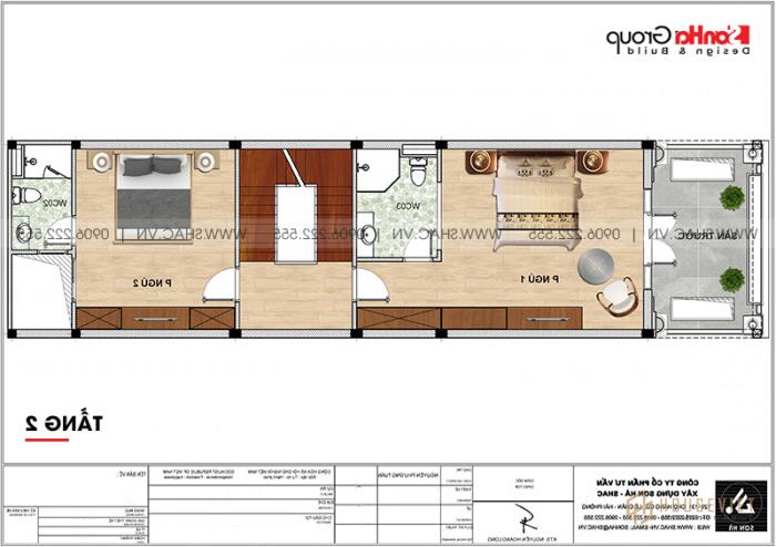 Mặt bằng công năng tầng 2 mẫu nhà ống 4 tầng kiểu Pháp diện tích 5,2x20m 