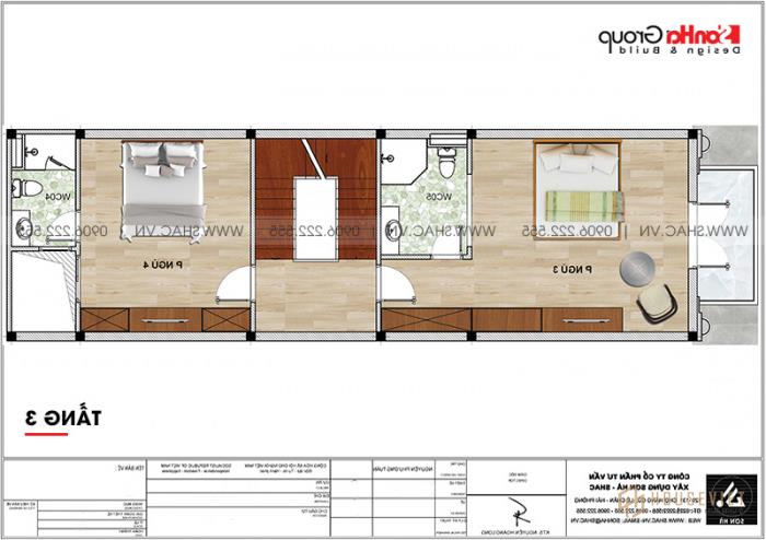 Mặt bằng công năng tầng 3 nhà ống pháp 4 tầng diện tích 5,2x20m 