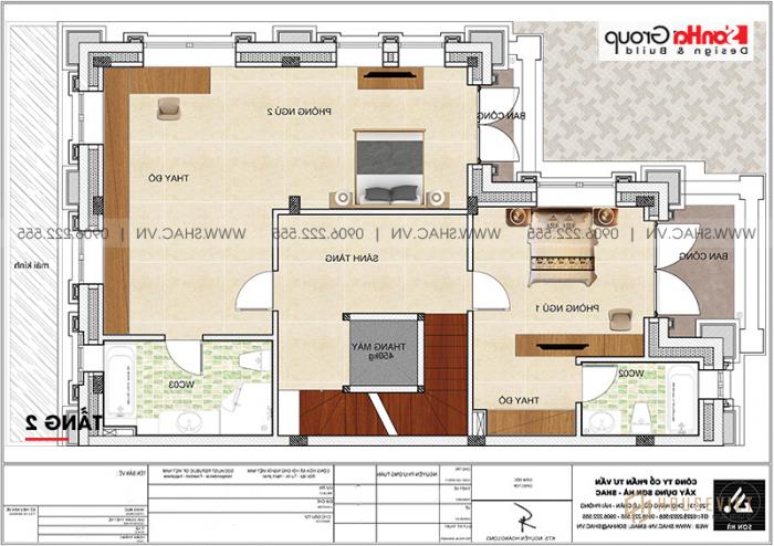 Mặt bằng công năng tầng 2 biệt thự tân cổ điển kết hợp văn phòng tại Hà Nội 