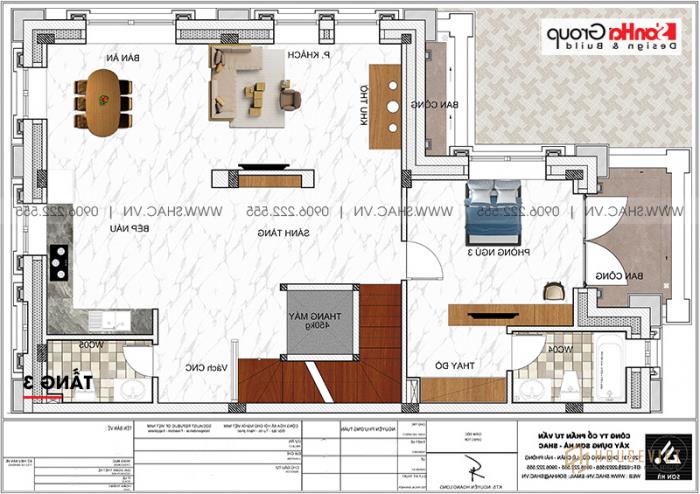 Mặt bằng công năng tầng 3 biệt thự tân cổ điển kết hợp văn phòng tại Hà Nội 
