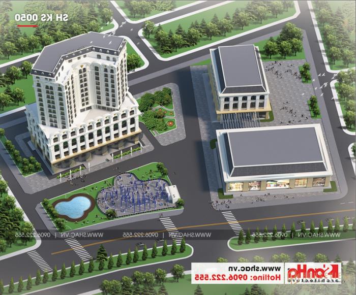 Phối cảnh tổng thể kiến ​​trúc khách sạn 4 sao tân cổ điển sang trọng tại Quảng Ninh 