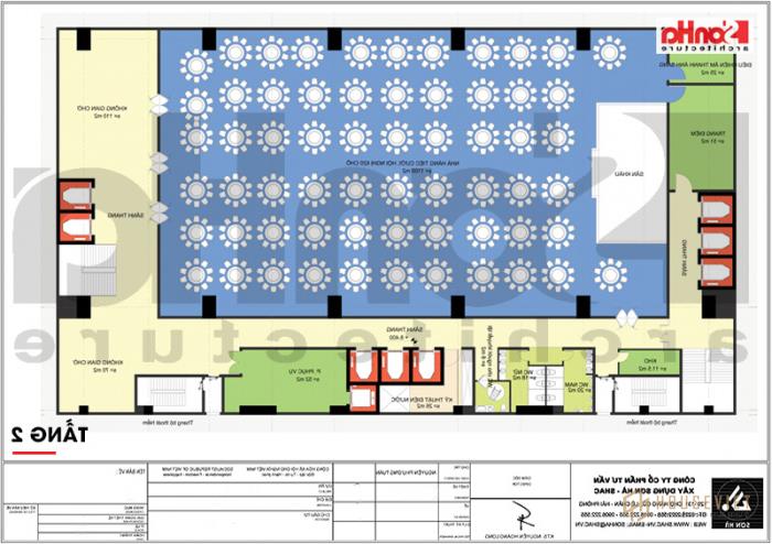 Phương án bố trí công năng tầng 2 khách sạn 4 sao tân cổ điển là khu nhà hàng, tiệc cưới quan trọng 