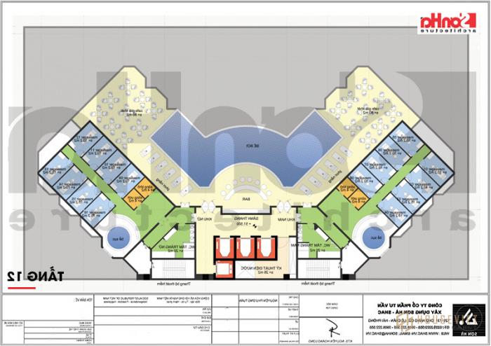 Bản vẽ mặt bằng công năng khách sạn tân cổ điển 4 sao với các công năng đáp ứng nhu cầu của du khách như bể bơi, máy mát xa, xông hơi… 