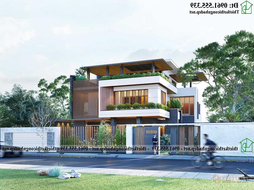 Hình ảnh 3D biệt thự 3 tầng mái bằng 15x12m NDBT3T31