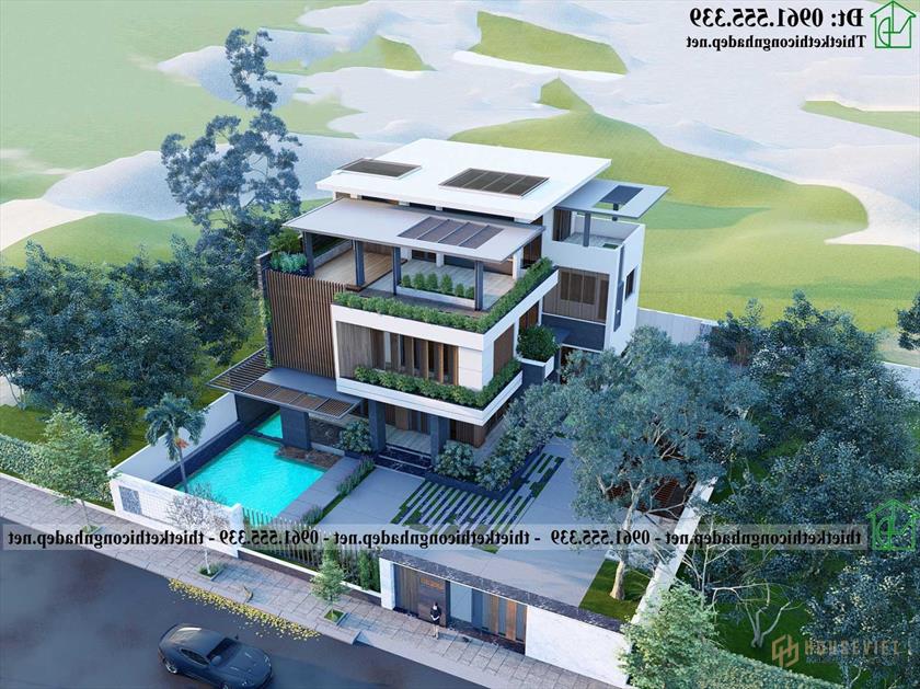 Hình ảnh 3D mẫu biệt thự 3 tầng mái bằng khi nhìn từ trên xuống NDBT3T31