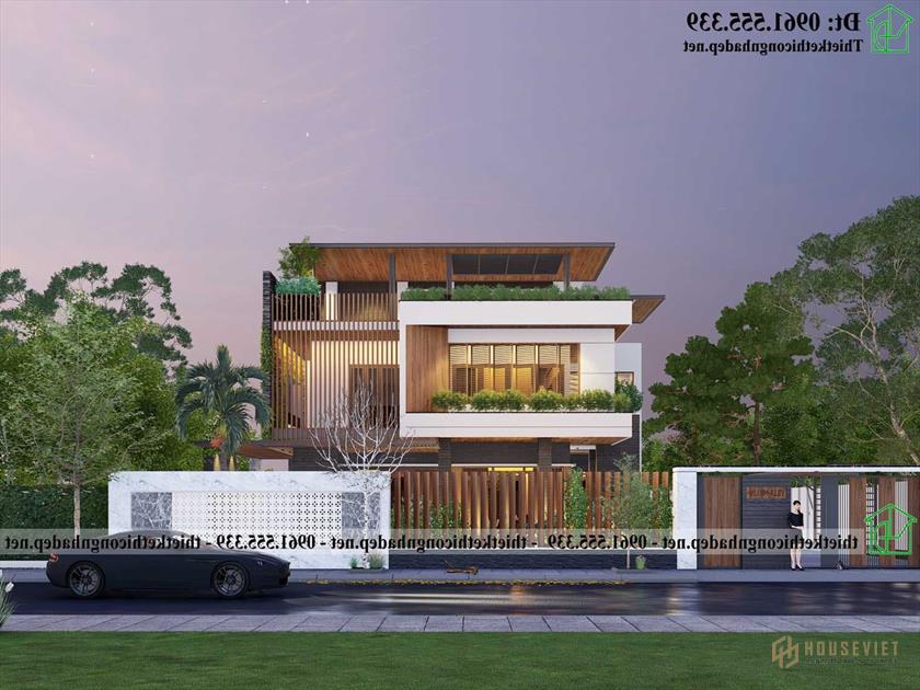 Phối cảnh ban đêm biệt thự mái bằng hiện đại 3 tầng 15x12m NDBT3T31