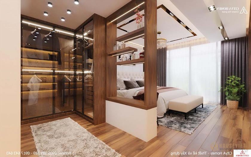 Phòng ngủ Master có diện tích rộng được ngăn cách hai không gian để nghỉ ngơi và thay quần áo.