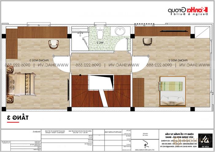 Mặt bằng công năng tầng 3 mẫu nhà ống hiện đại diện tích 40m2 / sàn tại Hải Phòng 