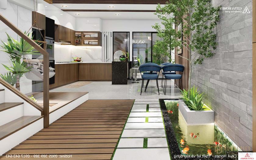 Phòng Khách Nối Với Bếp Qua Khu Cầu Thang Gỗ