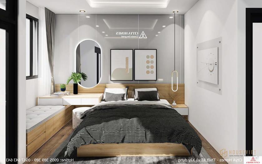 Phòng ngủ yên tĩnh và kín đáo, đón ánh sáng tự nhiên từ khu vực áp mái và ánh sáng nhân tạo