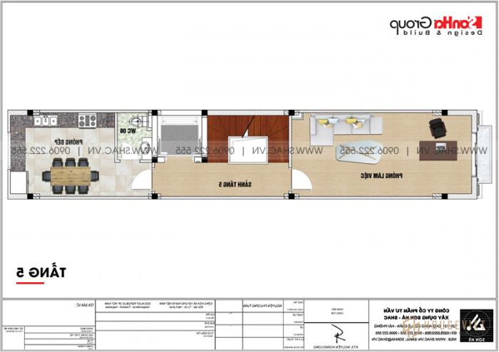 Công năng mặt bằng tầng 5 nhà tân cổ điển 6 tầng kết hợp kinh doanh. 