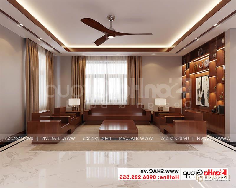 Thiết kế nội thất phòng khách hiện đại sang trọng với bàn ghế gỗ tự nhiên 