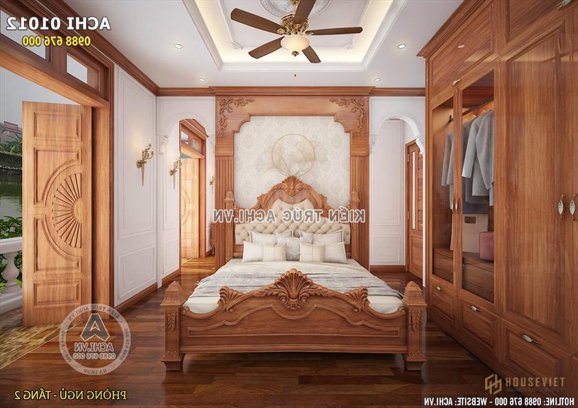 Không gian nội thất phòng ngủ tầng 2 với chất liệu gỗ ấn tượng