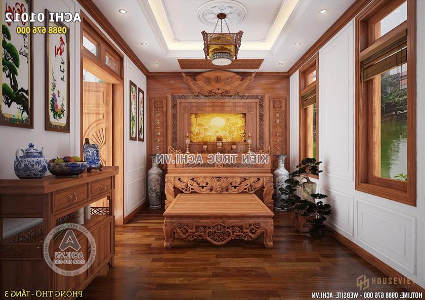 Không gian nội thất phòng thờ với chất liệu gỗ tự nhiên