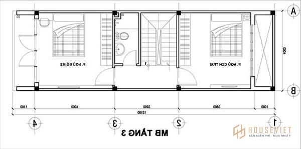 Mặt bằng tầng 3 của mẫu nhà 3 tầng diện tích nhỏ 30m2 được thiết kế phục vụ nhu cầu sinh hoạt của gia chủ.