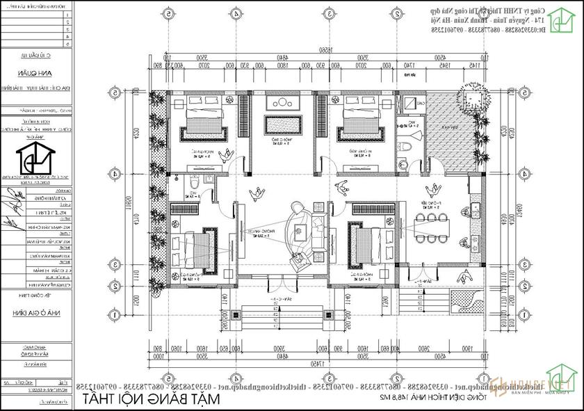 Bản vẽ mặt bằng nhà cấp 4 4 phòng ngủ mái thái đẹp NDNC4161