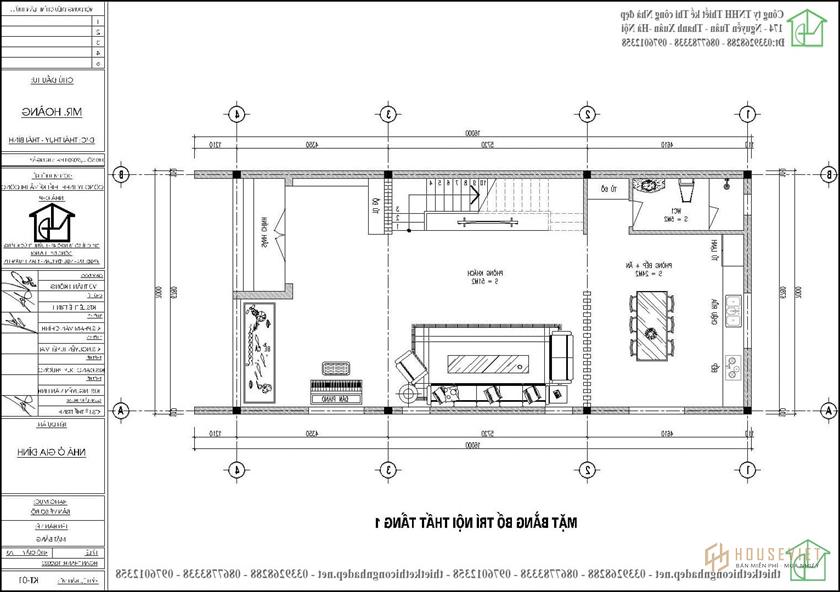 Mặt bằng tầng 1 mẫu nhà 2 tầng 7x15m NDNP2T26