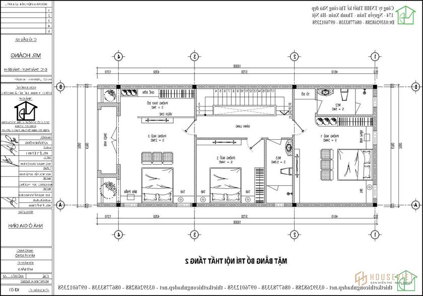 Mặt bằng tầng 2 mẫu nhà 2 tầng 7x15m NDNP2T26