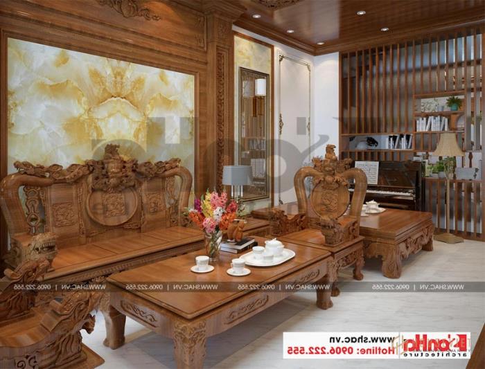 Mẫu nhà ống 3 tầng kiểu Pháp mặt tiền 4,5m tại Hải Phòng - SH NOP 0159 56 Không gian phòng khách cổ điển đẹp với nội thất gỗ tự nhiên
