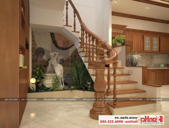 Mẫu nhà ống 3 tầng kiểu Pháp mặt tiền 4,5m tại Hải Phòng - SH NOP 0159 59 Sảnh cầu thang vừa kết nối vừa ngăn cách phòng khách và bếp ăn ở tầng 1.