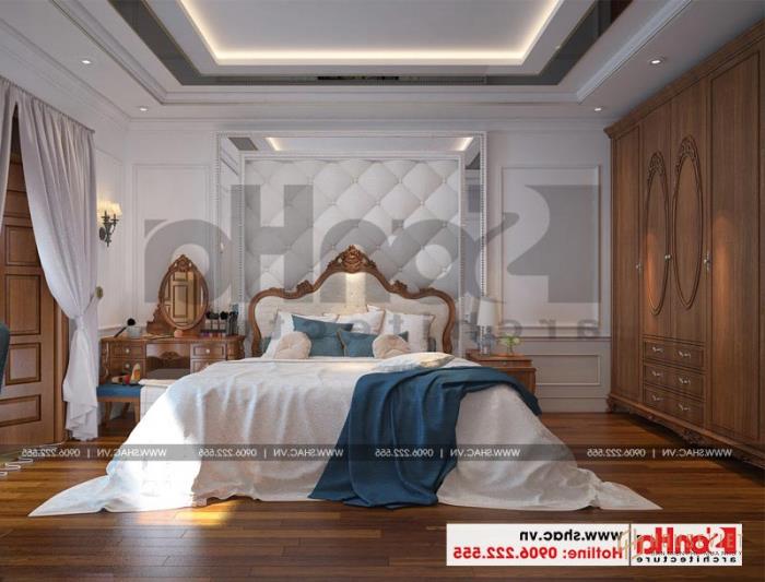 Mẫu nhà ống 3 tầng kiểu Pháp mặt tiền 4,5m tại Hải Phòng - SH NOP 0159 60 Thiết kế nội thất phòng ngủ sử dụng bàn ghế gỗ và sàn gỗ
