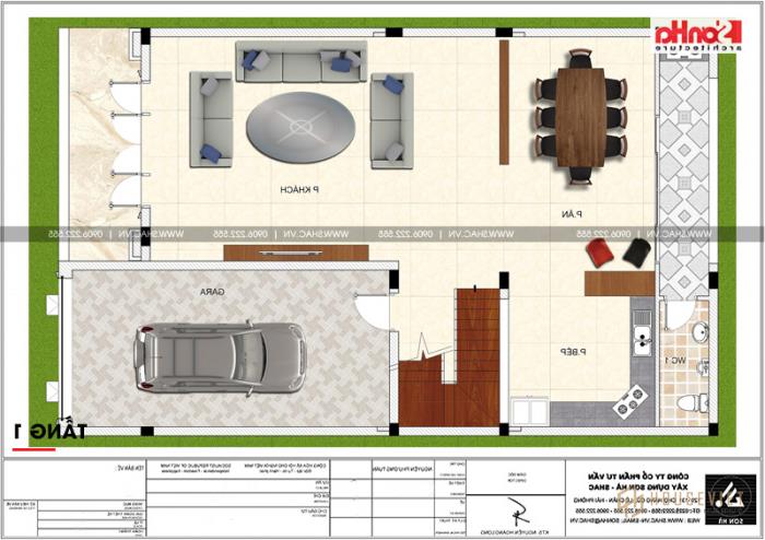 Xem mẫu mặt tiền nhà phố tân cổ điển 3 tầng đẹp diện tích 158,4m2 tại Hải Phòng - SH NOP 0158 21 Mặt bằng công năng tầng 1 được bố trí khoa học với gara, bếp, phòng ăn và phòng khách