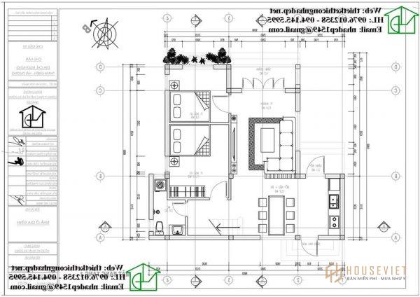 Mặt bằng công năng nội thất tầng 1 nhà cấp 4 có gác lửng 3 phòng ngủ