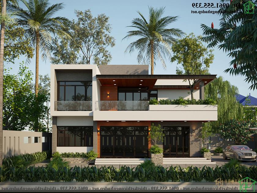 Mẫu thiết kế nhà 2 tầng hình chữ L 15x12m Hiện đại Ndbt2t109
