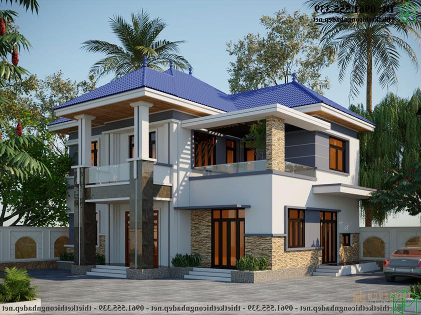 Mẫu thiết kế nhà 2 tầng hình chữ L 15x12m Hiện đại Ndbt2t109