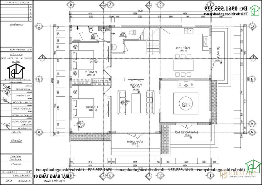 Mặt bằng bố trí nội thất tầng 1 mẫu nhà 2 tầng chữ L 15x12m Ndbt2t109