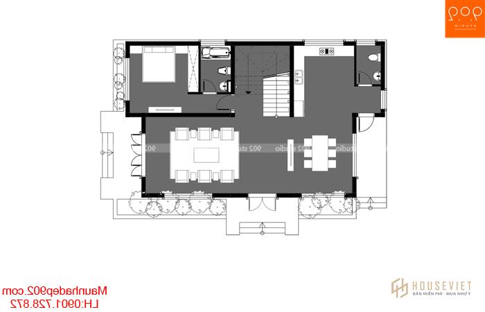 Mặt bằng tầng 1: Mẫu nhà 2 tầng mái chéo diện tích 120m2