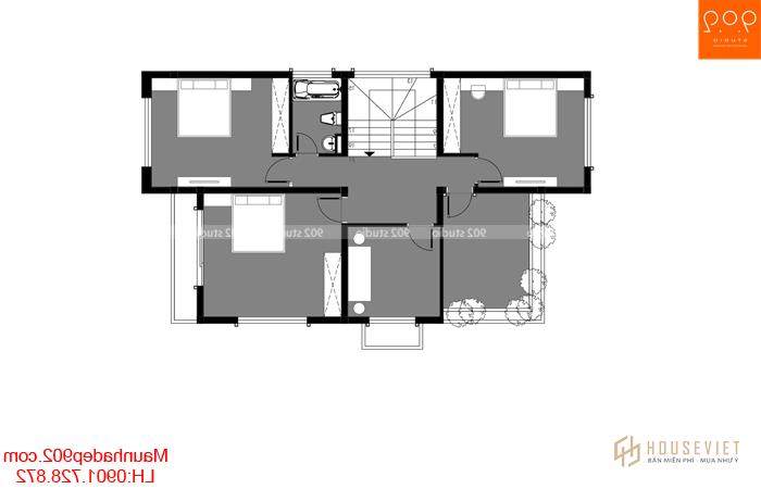 Mặt bằng tầng 2: Nhà 2 tầng mái chéo diện tích 120m2