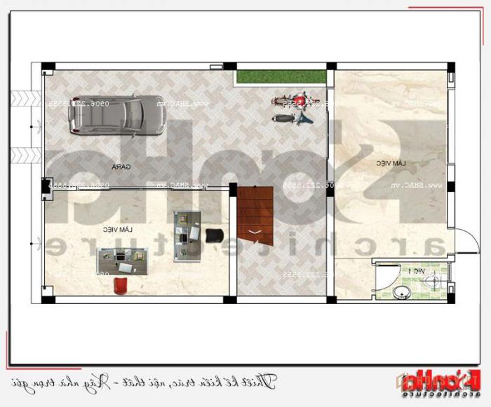 Mẫu nhà ống 5 tầng hiện đại đẹp mặt tiền 7m tại Hải Phòng - SH NOD 0182 24 Bản vẽ chi tiết mặt bằng công năng tầng 1 làm gara ô tô và văn phòng kinh doanh của công ty vô cùng sang trọng và cao cấp.