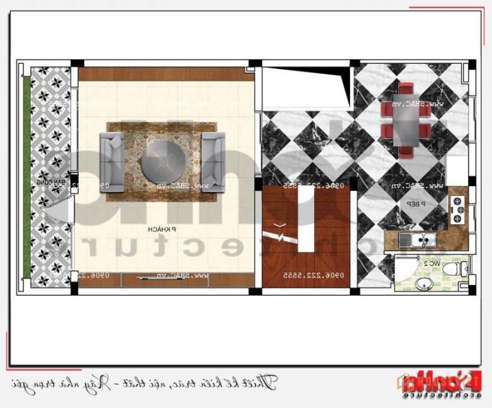 Mẫu nhà ống 5 tầng hiện đại đẹp mặt tiền 7m tại Hải Phòng - SH NOD 0182 25 Bản vẽ mặt bằng công năng tầng 2 nhà ống dành cho khu sinh hoạt chung của gia đình gồm phòng khách, bếp ăn, cầu thang, vệ sinh chung khoa học.