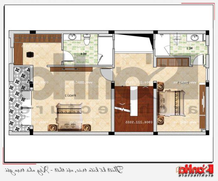 Mẫu nhà ống 5 tầng hiện đại đẹp mặt tiền 7m tại Hải Phòng - SH NOD 0182 26 Ở tầng 3, KTS Sơn Hà và chủ đầu tư thống nhất bố trí 2 phòng ngủ khoa học và đẹp mắt.