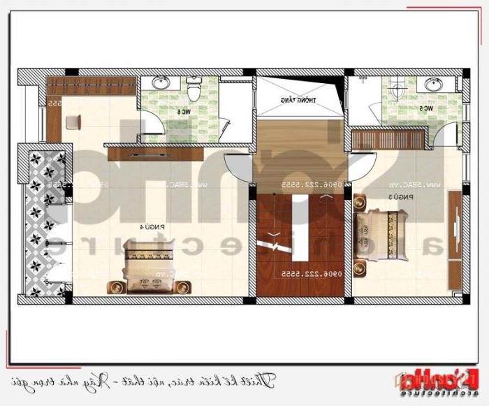 Mẫu nhà ống 5 tầng hiện đại đẹp mặt tiền 7m tại Hải Phòng - SH NOD 0182 27 Diện tích sàn tầng 4 của mẫu nhà ống đẹp này được bố trí hai phòng ngủ hợp phong thủy theo công năng gia chủ và các thành viên mong muốn.