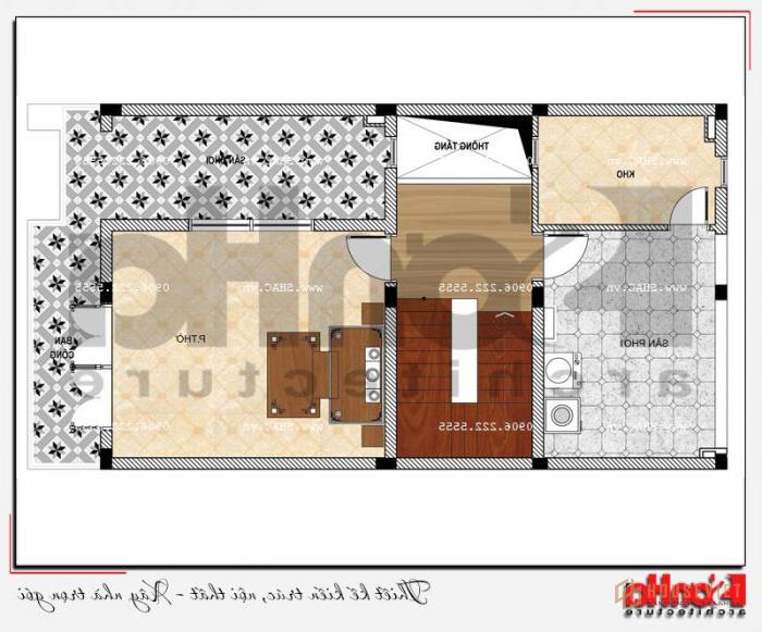 Mẫu nhà ống 5 tầng hiện đại đẹp mặt tiền 7m tại Hải Phòng - SH NOD 0182 28 Bản vẽ bố trí công năng tầng 5 nhà ống hiện đại mặt tiền 7m thiết kế khoa học phòng thờ, sân giặt, kho
