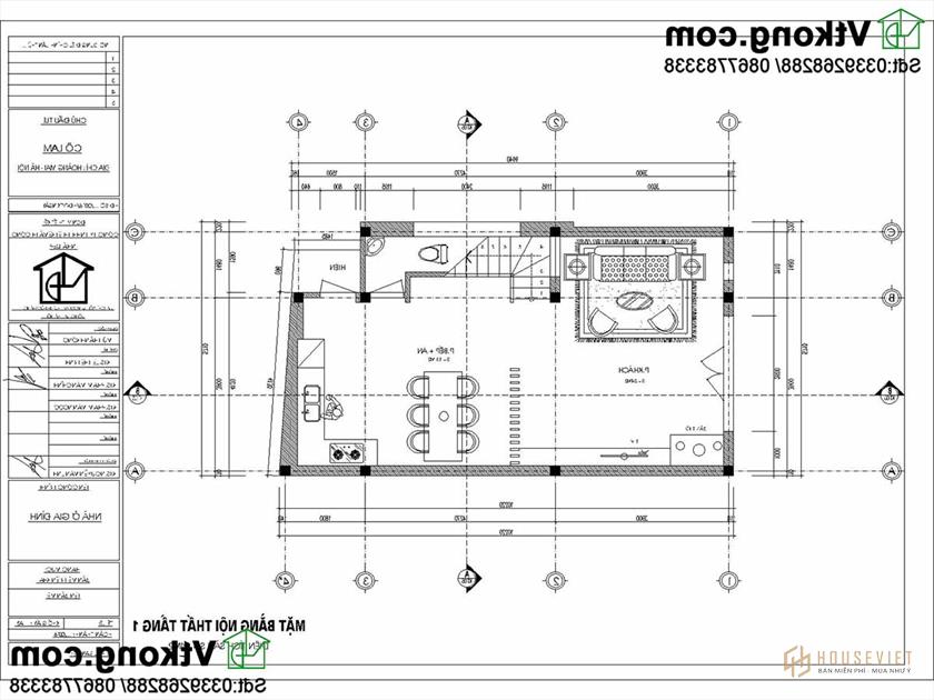 Mặt bằng nội thất tầng 1 nhà phố 2 tầng 5,7x10m.