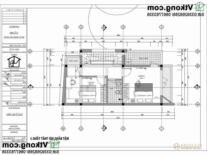 Mặt bằng nội thất tầng 2 nhà phố 2 tầng 5,7x10m.