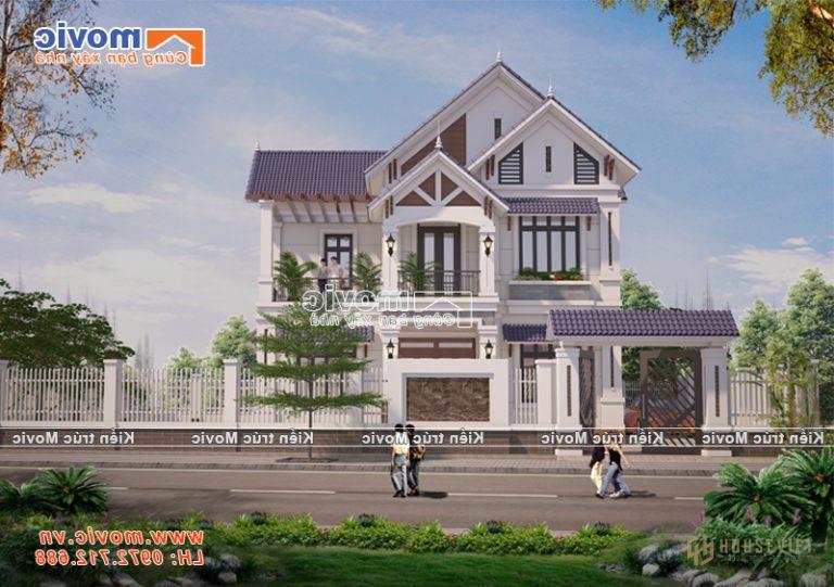 Mẫu nhà đẹp 2 tầng mái chéo mặt tiền 12m - MV1868