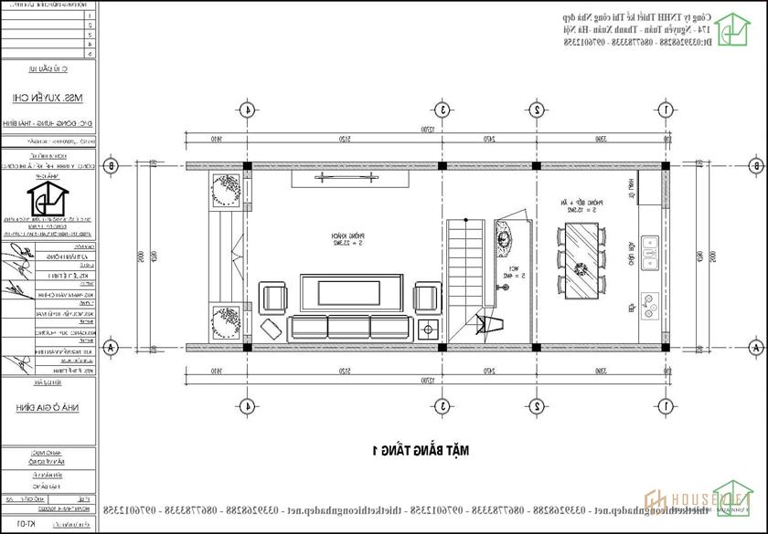 Mặt bằng nội thất tầng 1 mẫu nhà 2 tầng 5x11m NDNP2T27