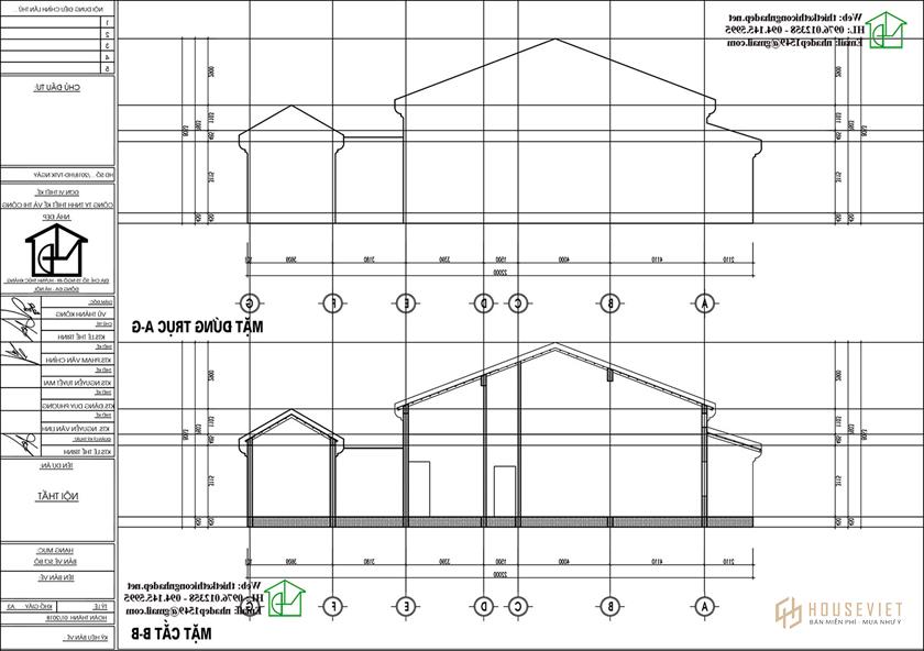 Mặt bằng và mặt cắt mẫu nhà cấp 4 mái thái NDNC4117
