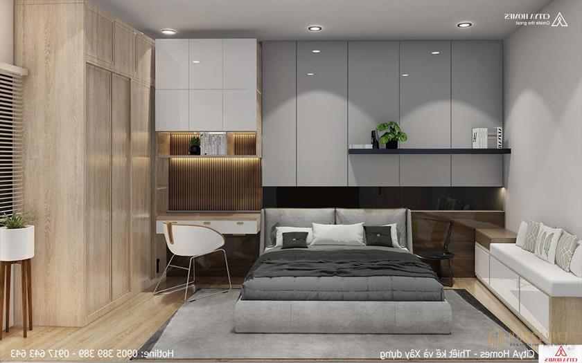 Phòng ngủ được tạo điểm nhấn với ba màu trung tính: Trắng, Xám và Đen