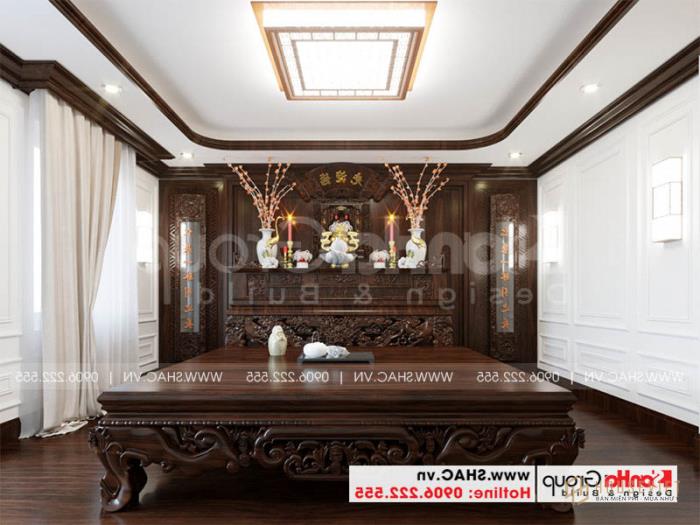 Mẫu biệt thự tân cổ điển 3 tầng 2 mặt tiền diện tích 180m2 - SH BTP 0151 22 Thiết kế nội thất phòng thờ thoáng và trang trọng với đồ gỗ