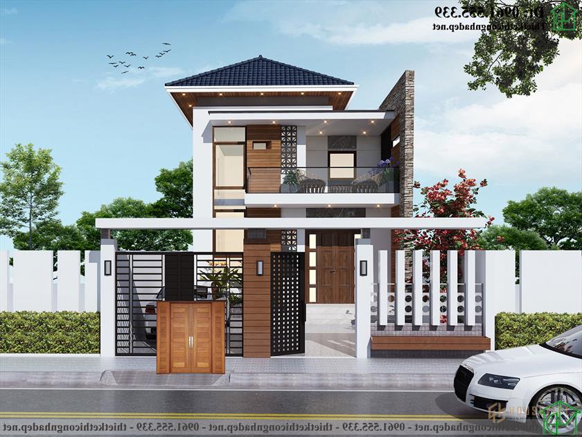 Mặt tiền biệt thự mái thái hiện đại 2 tầng kiểu Nhật Ndbt2t110