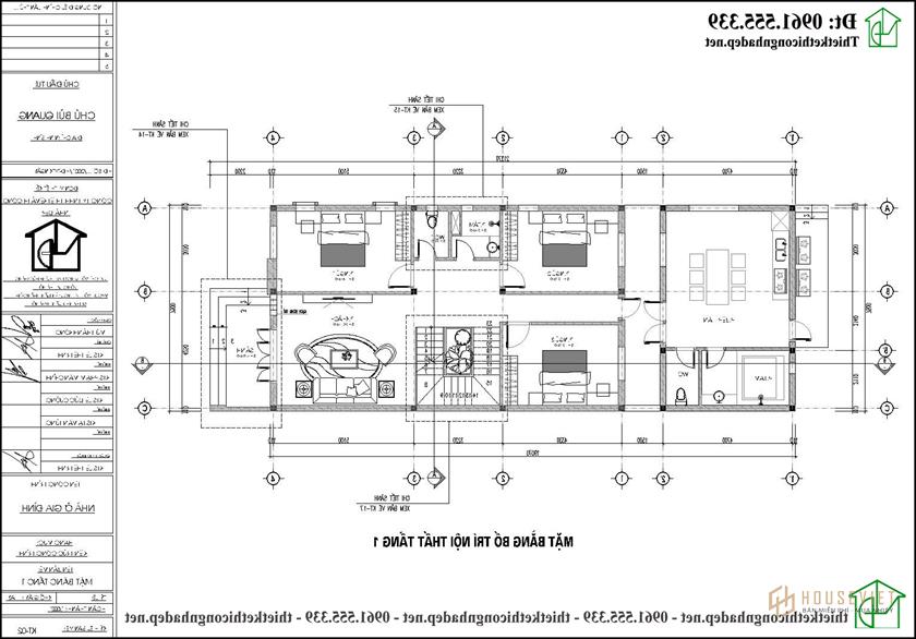Mặt bằng nội thất tầng 1 biệt thự mái thái 2 tầng 7,5x15m Tại Thái Bình Ndbt2t110