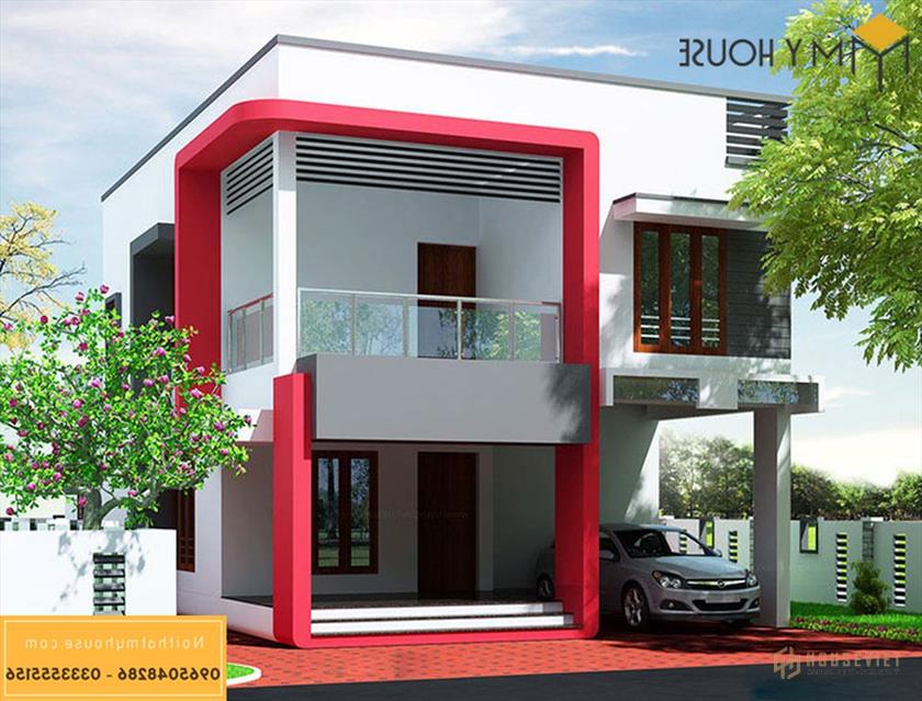 Các cột màu hồng đậm tạo nên sự bắt mắt cho mẫu nhà đẹp 2 tầng rộng 7m.