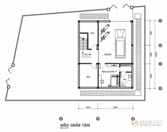 Bản vẽ mặt bằng tầng hầm biệt thự 3 tầng cổ điển 2 mặt tiền tại Đà Lạt